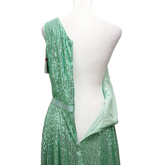 One-Shoulder Light Green Sequined Dress With Ribbon Waist Flowing Skirt Size M - Picture 9 of 12
